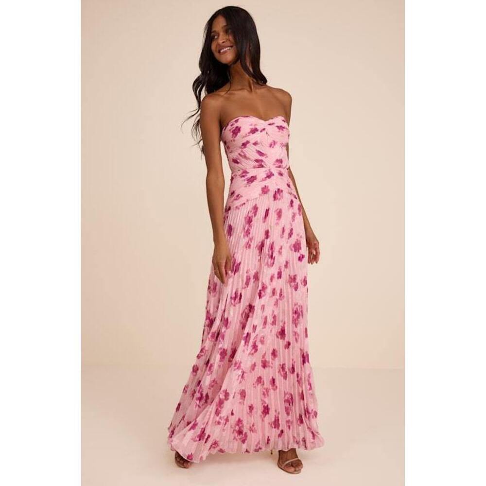 Lulus Marlene Light Pink Floral Pleated Drop Waist Maxi Dress - Size M